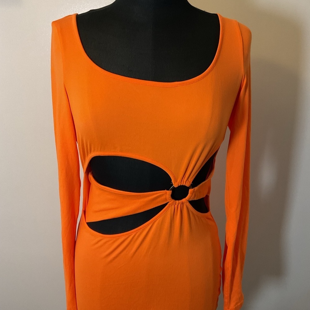 SHEIN Orange Embellished Waist Cut-Out Long Sleeve Bodycon Mini Dress SZ Med - Picture 3 of 6